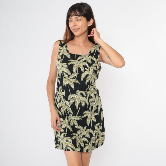 90s Hawaiian Sun Dress Palm Tree Mini Dress Tropical Print Sundress Summer Vintage 1990s Sleeveless Sheath Minidress Black Green Medium