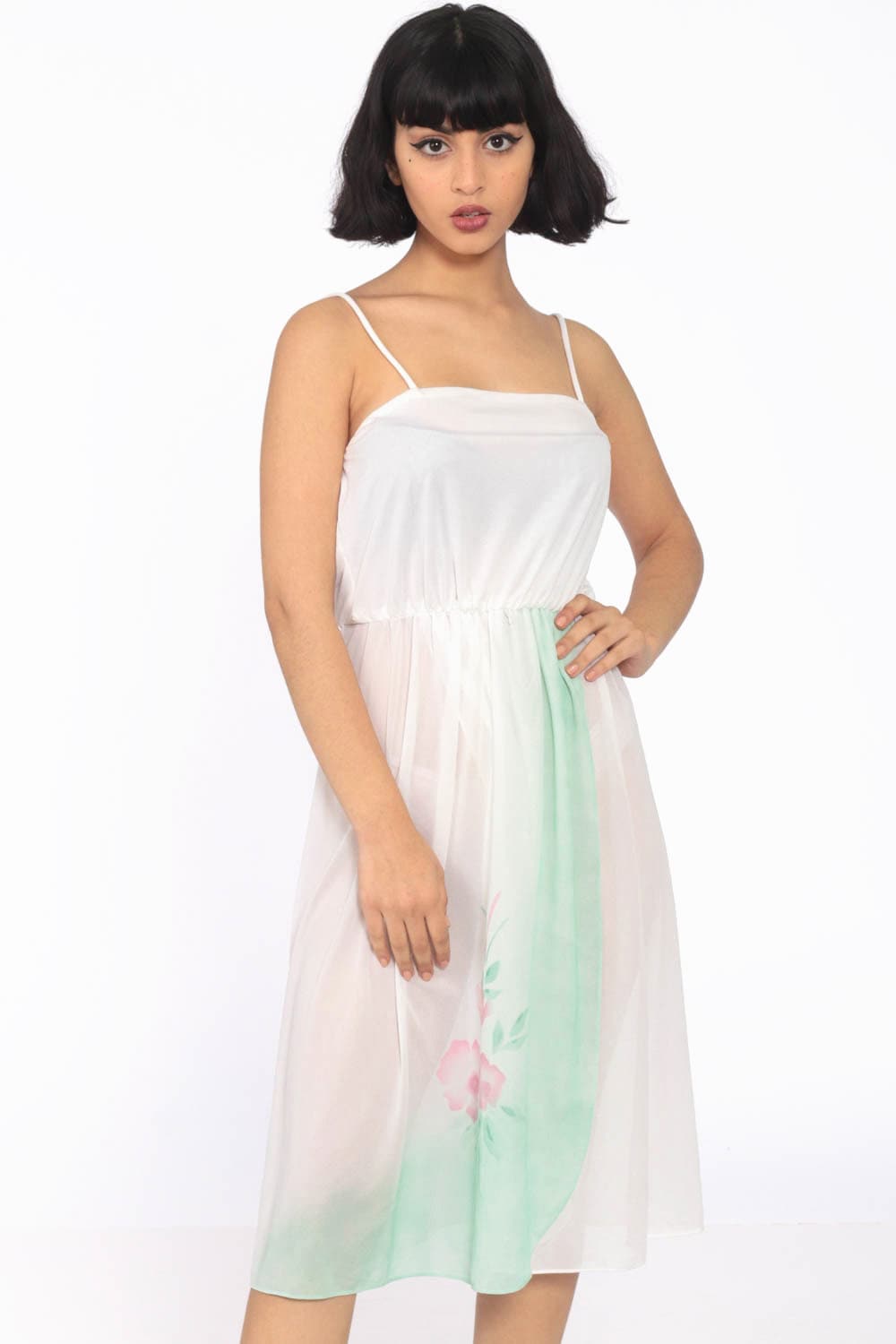 Sheer White Dress Floral Sundress Midi 70s Sun High Waist 80s Boho Vintage Bohemian Garden Party 