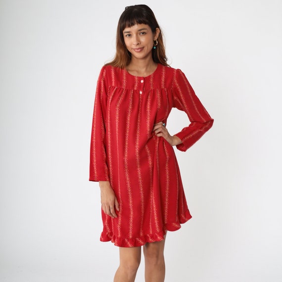 Striped Tent Dress 80s Red Puff Sleeve Mini Dress… - image 3