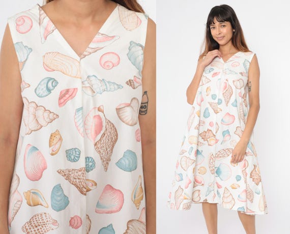 Vintage Seashell Sundress 80s Tropical Beach Dress White Boho Sun Midi A-Line V Neck 1980s Boho Sleeveless Coverup Pockets Medium Large