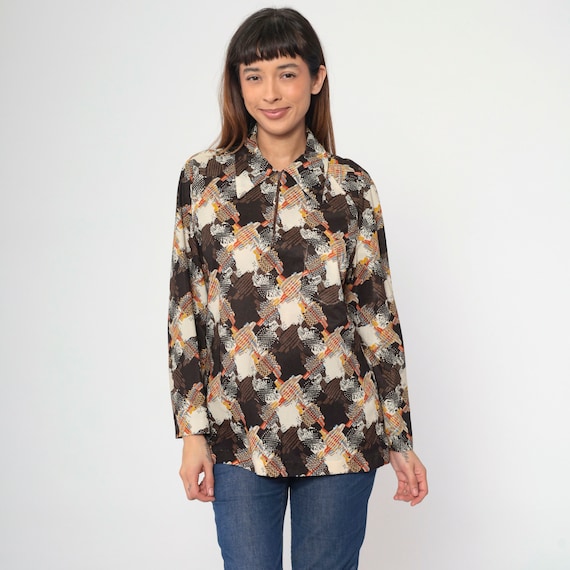 70s Abstract Print Blouse Brown Beige Pattern Long Sleeve Vintage 1970s Zip Front Collared Shirt Psychedelic Checkered Large L