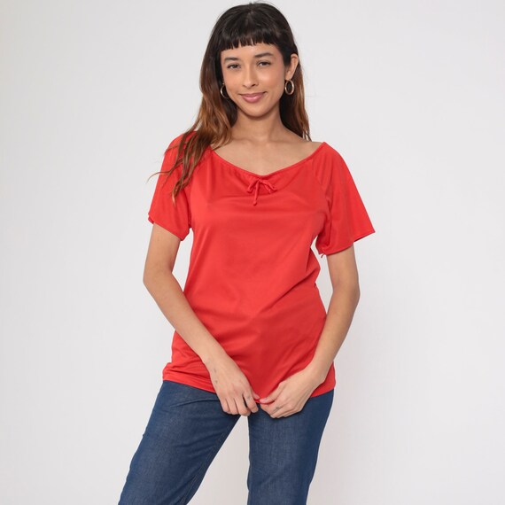 Red Bow Neck Blouse 70s Top Short Sleeve Boho Disco 1970s Peasant Tunic Top Vintage Short Raglan Sleeve Retro Extra Small xs