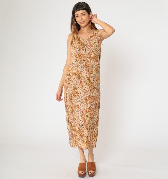 90s Leopard Floral Dress Animal Print 1990s Midi Sun Dress Sleeveless Sundress 1990s High Waist Beige Burnt Orange Kathie Lee Medium 8/10