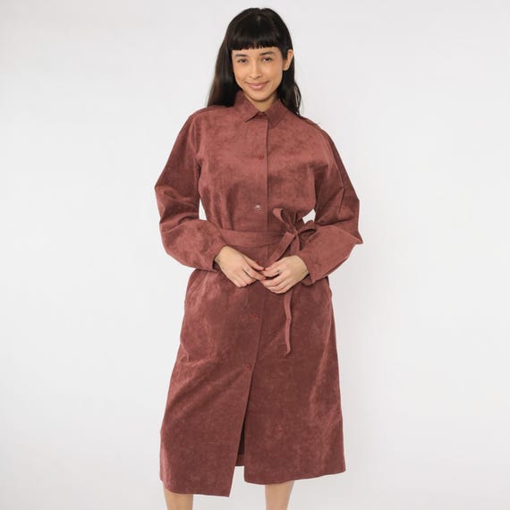 Vintage Halston Ultrasuede Jacket 70s Burnt Rose Faux Suede Belted Trench Shirt Dress Jacket Longline Coat 1970s Minimalist Midi Large
