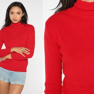 Knit Turtleneck Top 80s Red Sweater Long Sleeve Shirt High Neck Plain Simple Basic Top 1980s Tight Ribbed Vintage Knitwear Medium Large M L