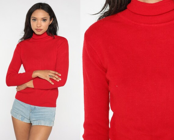 Knit Turtleneck Top 80s Red Sweater Long Sleeve Shirt High Neck Plain Simple Basic Top 1980s Tight Ribbed Vintage Knitwear Medium Large M L