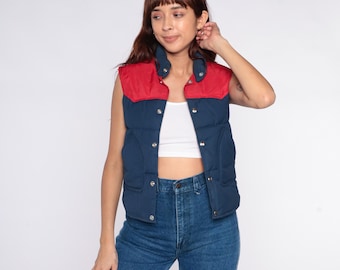 80s Down Vest Navy Blue Red Quilted Puffy Sleeveless Color Block Outdoor Hiking Gorpcore Vintage Puffer Jacket Gilet Ski Vest Extra small XS