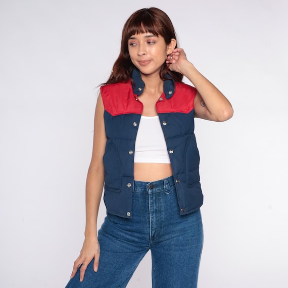 80s Down Vest Navy Blue Red Quilted Puffy Sleeveless Color Block Outdoor Hiking Gorpcore Vintage Puffer Jacket Gilet Ski Vest Large L