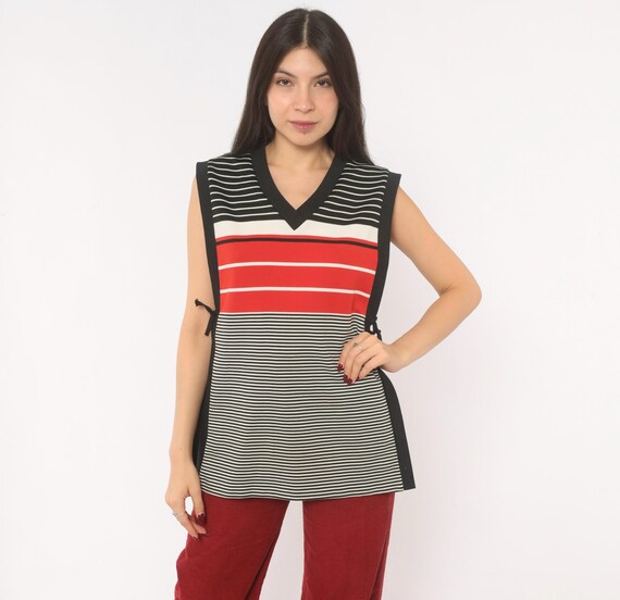 70s Striped Knit Vest V Neck Sleeveless Pullover Black White Red Color Block Tie Side Tank Top Nautical Stripe Tunic Vintage Small Medium