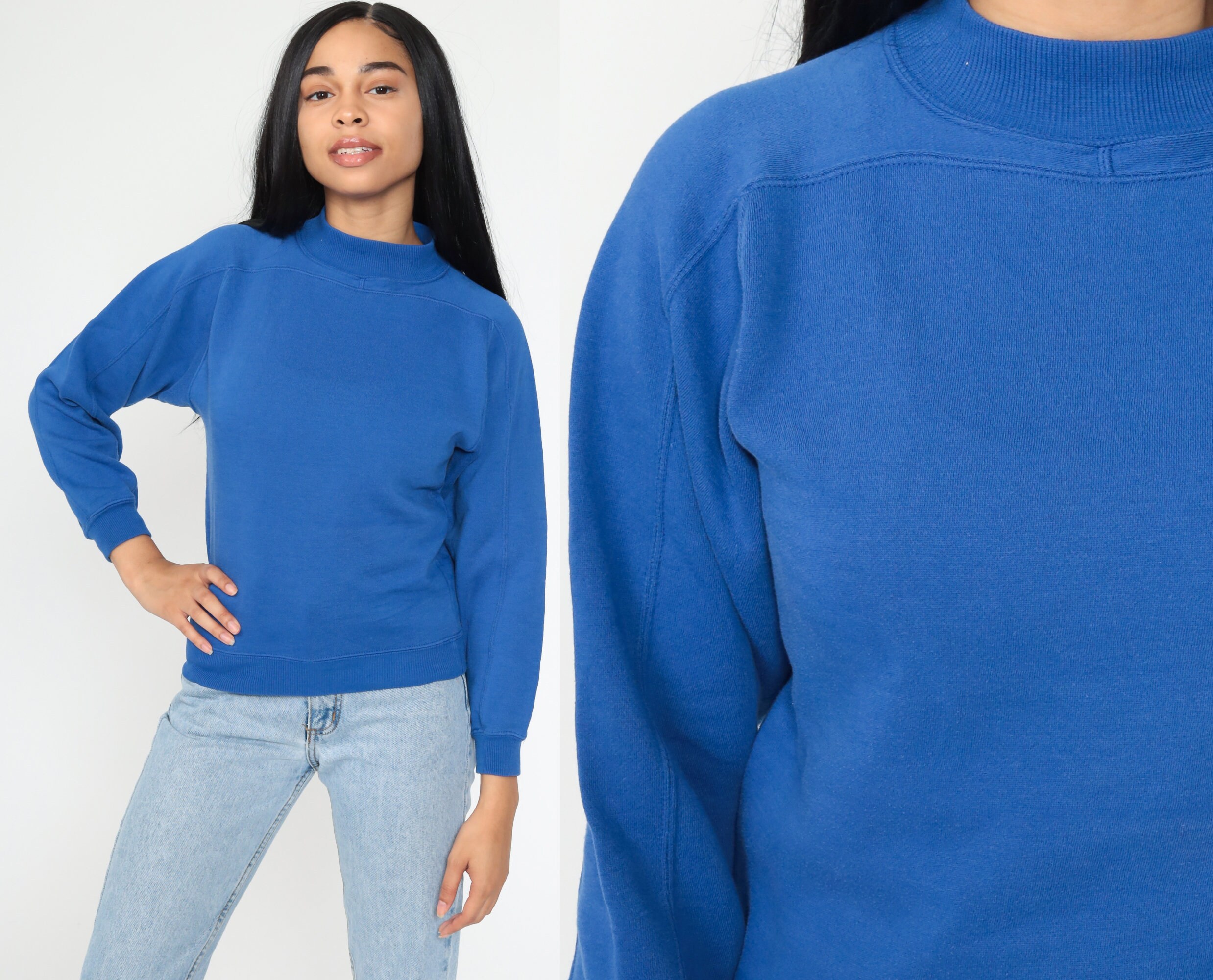 Royal Blue Sweatshirt 80s Sweatshirt Mock Neck Shirt Plain Long Sleeve ...