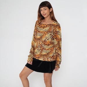 Cheetah Print Sweater Top Y2K Knit Shirt Long sleeve Blouse Jungle Cat Animal Leopard Print Shirt Boho Glam Retro Acrylic Vintage 00s Large