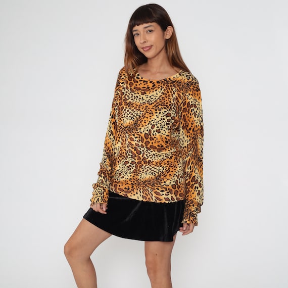 Cheetah Print Sweater Top Y2K Knit Shirt Long sleeve Blouse Jungle Cat Animal Leopard Print Shirt Boho Glam Retro Acrylic Vintage 00s Large