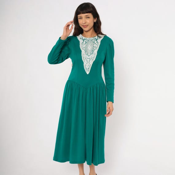 80s Lace Bib Teal Dress Puff Sleeve Long Fitted Bodice Skirt Emerald Green Victorian Prairie Cottagecore Crew Neck Vintage Women Medium M