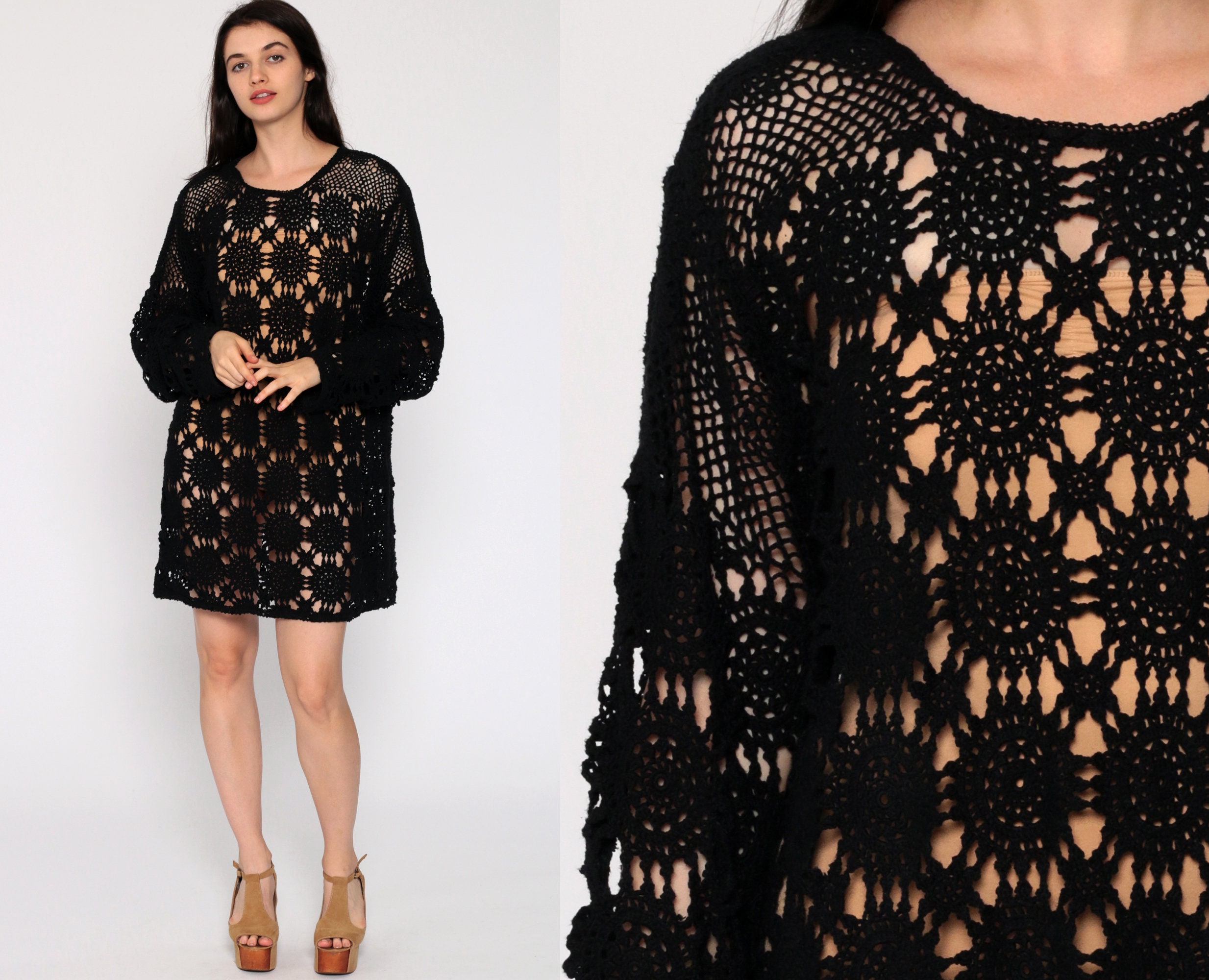black crochet dress long sleeve