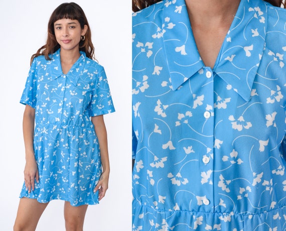 80s Floral Dress Blue Chelsea Collar Mini Dress Boho Shirtdress Button Up Dress Vintage 1980s High Waisted White Flower Bohemian Medium