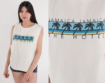 Vintage Jamaica Shirt Palm Tree Tank Top 80s 90s JAMAICA HOTEL Tropical Beach Graphic Retro Tee Print Sleeveless Sweatshirt 1980s Medium