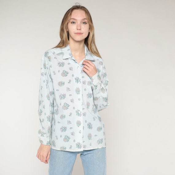 Checkered Floral Blouse 80s Levi Travellers Top Retro Button Up Shirt Long Sleeve Levis Flower Print White Light Blue Vintage 1980s Medium M
