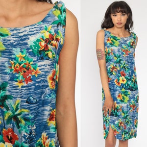 Blue Hawaiian Dress Beach Floral Dress Tropical Mini 90s Surfer Tank Dress Surf Sundress 1990s Vintage Sleeveless Summer Shift Small S