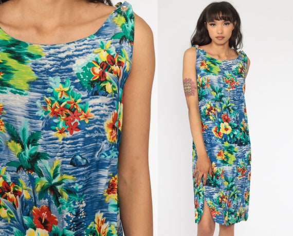 Blue Hawaiian Dress Beach Floral Dress Tropical Mini 90s Surfer Tank Dress Surf Sundress 1990s Vintage Sleeveless Summer Shift Small S