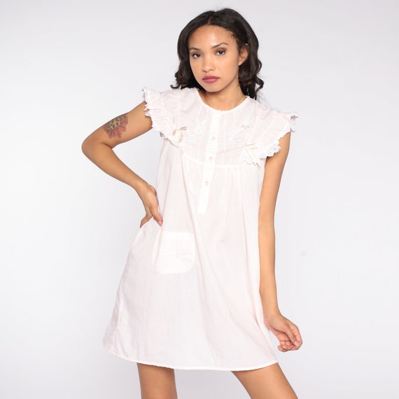 Ruffled Nightgown Y2K Lingerie Mini Dress Pastel Pink Nightie Bib Dress Eyelet Trim Button Up Tent 00s Boho Babydoll Vintage Extra Small XS