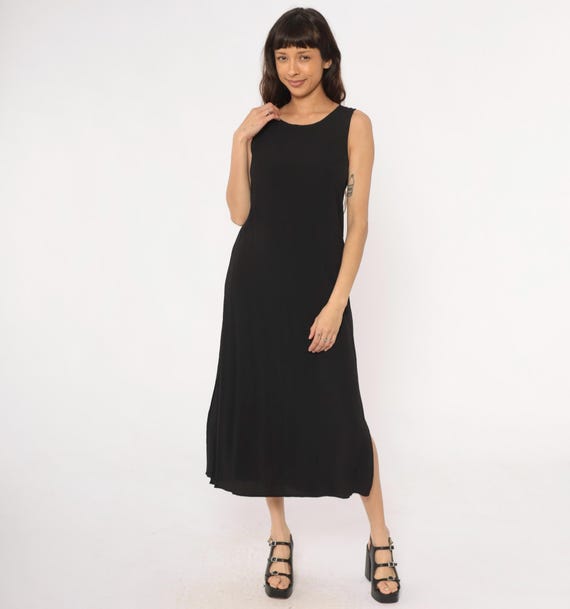 Black Maxi Dress Y2K 90s Minimal Sleeveless Tank Column Sheath Simple Long Vintage Cocktail Evening Formal Petite Grunge Gothic Medium M