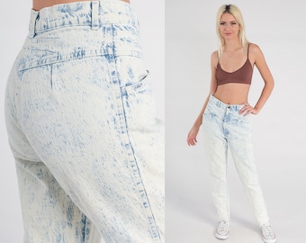 Acid Wash Jeans 80s Mom Jeans Denim High Waist Jeans 1980s White Blue Tapered High Waisted Denim Pants Vintage Small 28