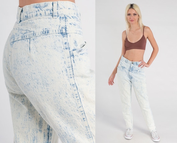 Acid Wash Jeans 80s Mom Jeans Denim High Waist Jeans 1980s White Blue  Tapered High Waisted Denim Pants Vintage Small 28 