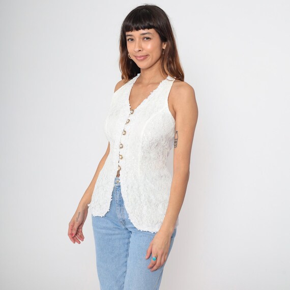 White Lace Vest 90s Halter Top Cottagecore Button Front Tie Back Sleeveless Romantic Coquette Feminine Vintage Medium M