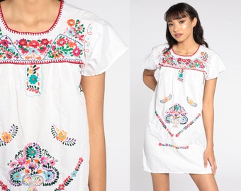 Mexican Dress Embroidered White Mini Dress Boho Cotton Tunic Hippie Floral Bohemian Vintage Extra Small xs