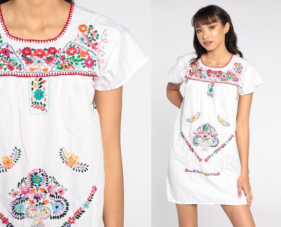 Mexican Dress Embroidered White Mini Dress Boho C… - image 1