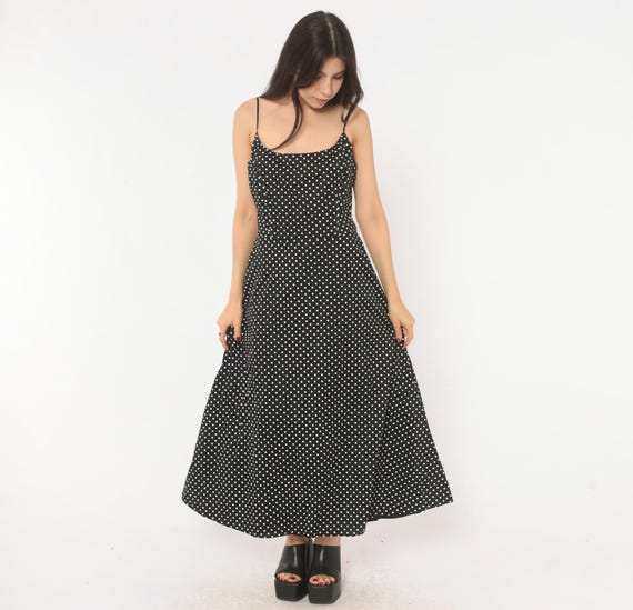 Polka Dot Slip Dress 90s Black White Spaghetti Strap Cotton Maxi A Line Spotted Print Sleeveless Summer Prairie Vintage Womens Medium M