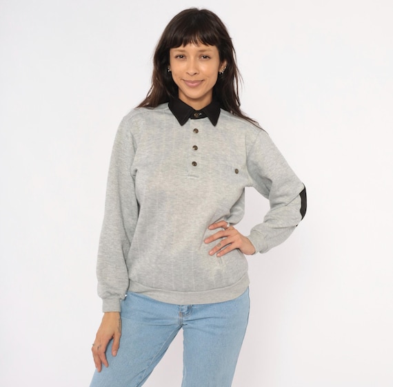 90s Grey Henley Sweatshirt Elbow Patch Polo Collared Black Contrast Collar Chest Pocket Ribbed Cuff Ash Preppy Academic Vintage Top Small S