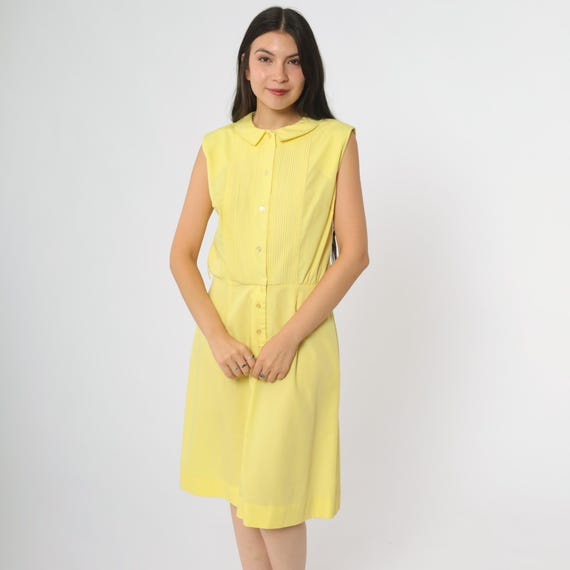 Yellow Shift Dress 60s Lady Bird Button Front Pintuck Vintage Mod Summer A Line Sunny Bright Cheerful Twiggy Peter Pan Collar Medium M 8
