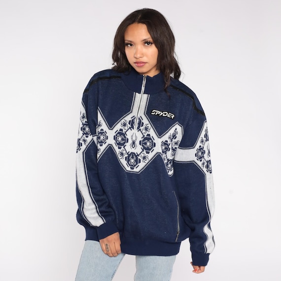 Y2K Spyder Ski Sweater Blue White Half Zip Winter Racing Motocross Style Knit Pullover Snowboarding Outerwear Spider Pattern XL Extra Large