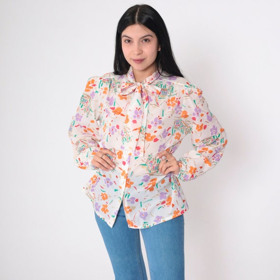 Floral Ascot Blouse 70s Neck Tie Top Groovy Watercolor Flower Print Shirt Pussy Bow Button Up Puff Sleeve Boho Vintage 1970s Medium Large