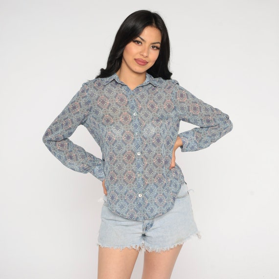 Batik Floral Blouse Y2k Geometric Button Up Shirt Grunge Boho Long Sleeve Collared Top Retro Flower Print Hippie Bohemian Vintage 00s Small