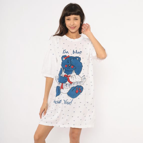Blue Bear Nightshirt 80s Graphic Sleep Tee I'm Blue Without You Cotton Night Dress White Pajama Top Cartoon Sleepwear Loungewear Free Size