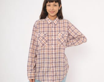 Distressed 80s Levi's Plaid Flannel Shirt White Navy Red Cotton Long Sleeve Collar Relaxed Fit Vintage Strauss Western Camp Top Large L