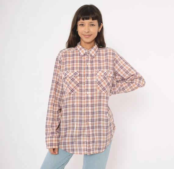 Distressed 80s Levi's Plaid Flannel Shirt White Navy Red Cotton Long Sleeve Collar Relaxed Fit Vintage Strauss Western Camp Top Large L