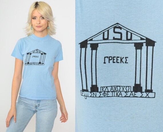 80s USU Greek Life T-Shirt Baby Blue Utah State University Fraternity Sorority Graphic Tee Vintage 1980s Hanes Single Stitch Extra Small xs