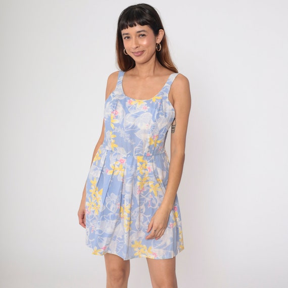 Floral Sundress 70s Mini Dress Hippie Smocked Periwinkle Blue Tropical Boho High Waist Summer Tank Pleated 1970s Vintage Sun Medium Large