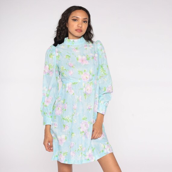 Floral Babydoll Dress 70s Baby Blue Dress Mod Mini Long Puff Sleeve Empire Waist Bow Mock Neck 60s Vintage Pastel 1970s Small S 4