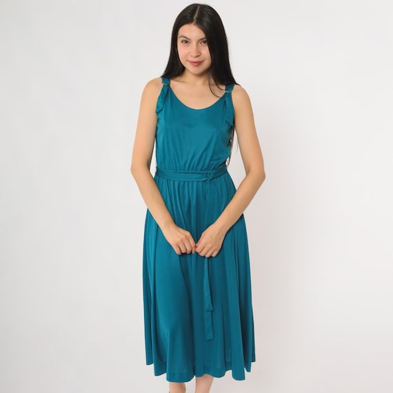 70s Teal Dress Lanz Sleeveless Midi Length Vintage Belted A Line Style with Ring Strap Detail Classic Casual Wear Bohemian Summer Small S