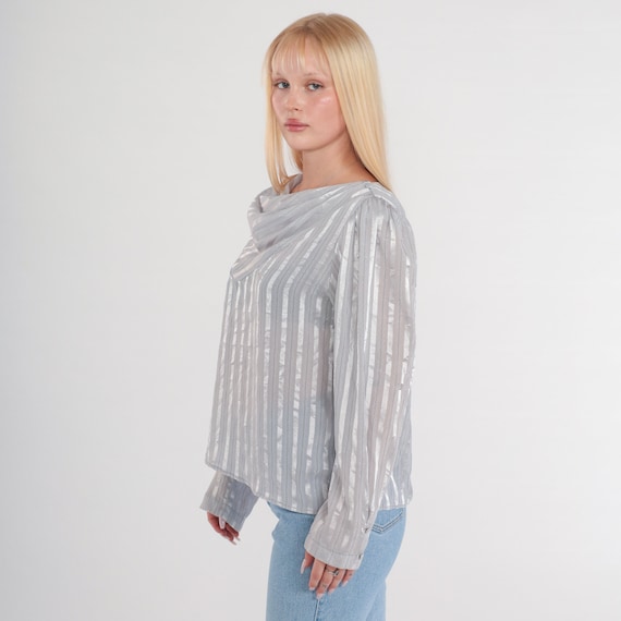 Metallic Silver Blouse 80s Semi-Sheer Striped Top Shiny Long Sleeve Cowl Neck Disco Glam Party Shirt Eighties Cowlneck Vintage 1980s Large L