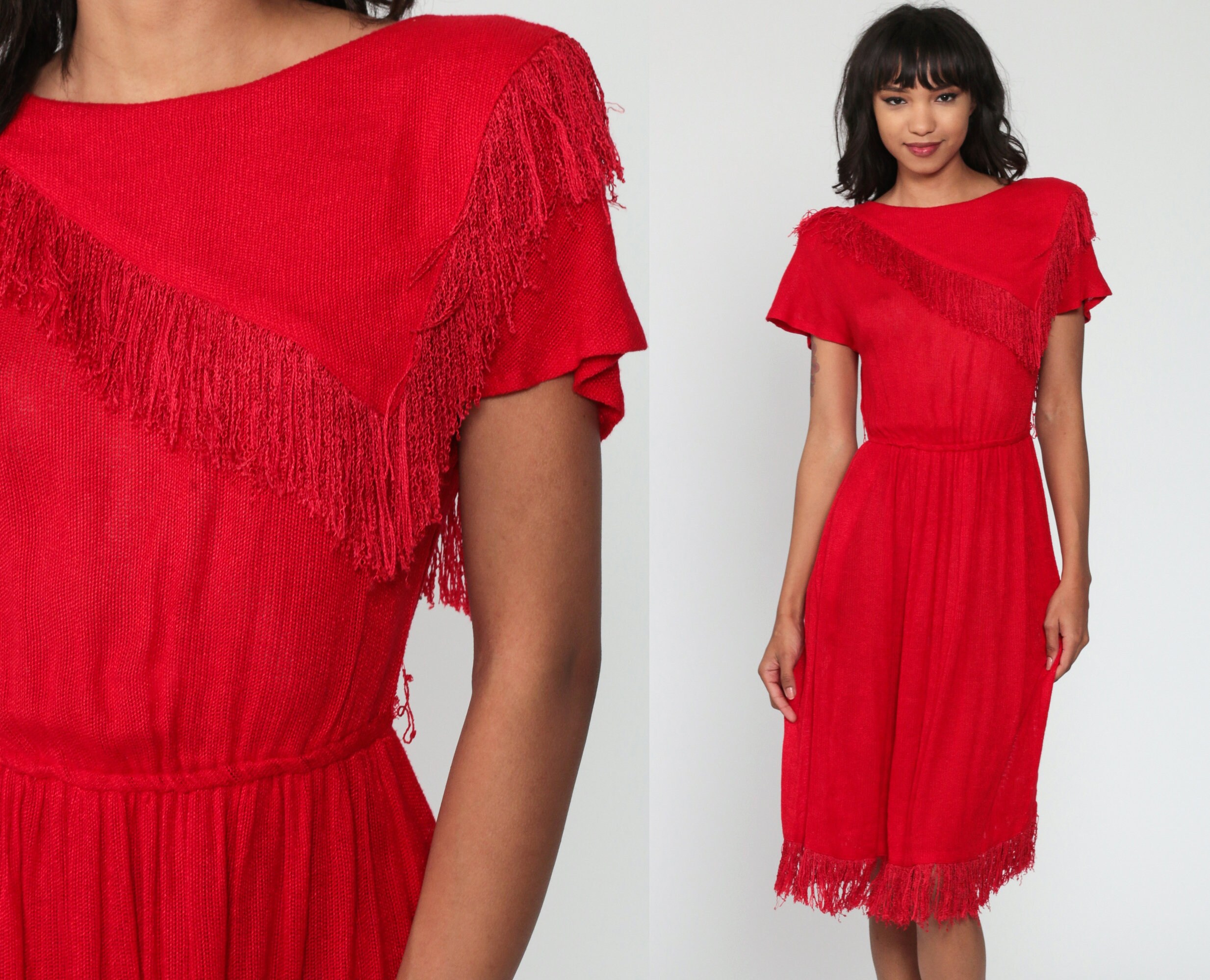 Red Fringe Dress 80s Party Dress Flapper Dress Midi High Waisted Dress Cocktail Formal Dress 