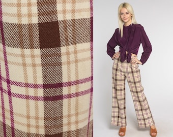 70s Plaid Pants Bell Bottom Trousers Retro Wide Leg Flare Pants Bellbottoms Wool Blend High Waisted Flared Checkered Vintage 1970s Small 28