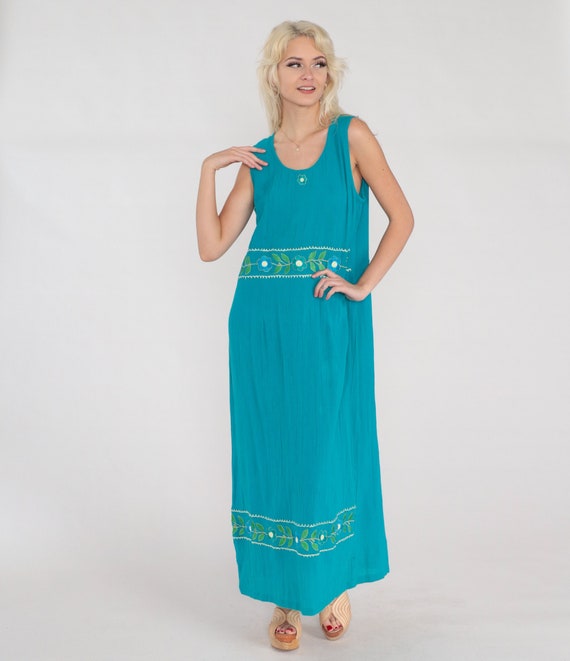 Blue Floral Dress Y2k Embroidered Maxi Dress Jumper Shift Sleeveless Summer Day Dress Rear Slit Turquoise Blue Hippie Vintage 00s Large L
