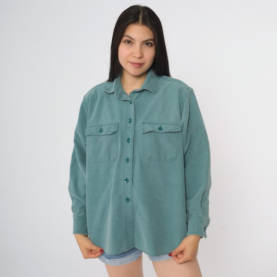 90s LL Bean Shirt Chamois Cloth Teal Blue Cotton Button Down Made in USA Fit Workwear Outdoor Hiking Camping Western Long Sleeve Large L