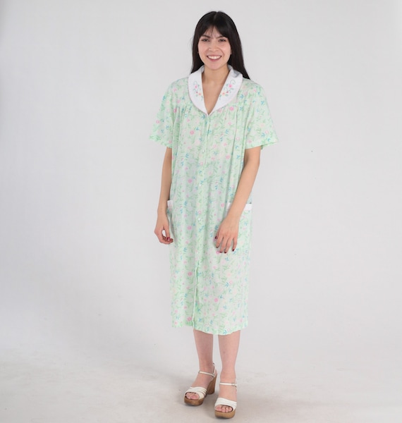 Floral Pajama Dress 70s Nightgown Midi Nightie Mini Retro Tent Snap Button Up Pajamas Green Embroidered Flower Print Vintage 1970s Medium M