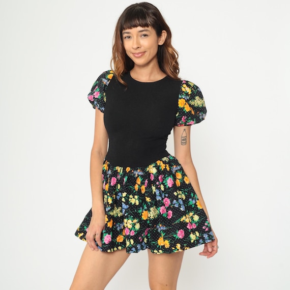 Puff Sleeve Mini Dress 90s Black Floral Polka Dot Drop Waist Fit Flare Gathered Skirt Ditsy Flower Print Romantic Party Dress Extra Small XS